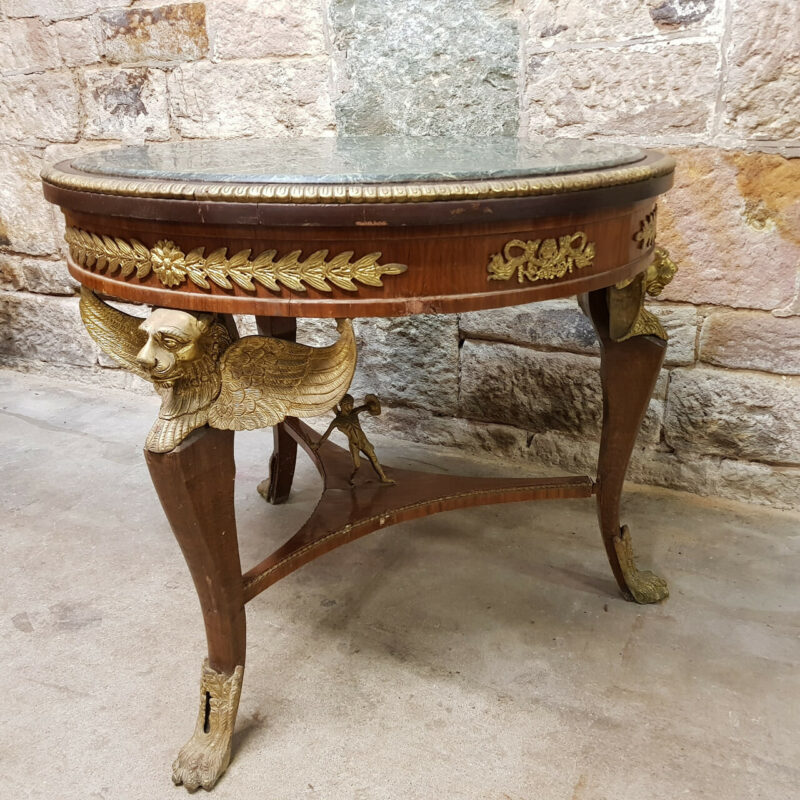 Antique French Empire Marble Top Table with Three Winged Lion Legs & Paw Feet #40801