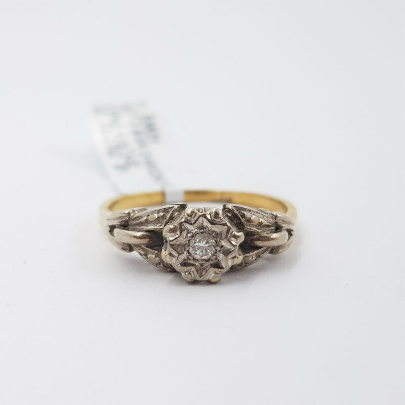 18CT VINTAGE TWO TONE GOLD DIAMOND FLOWER SETTING RING SIZE O #53834