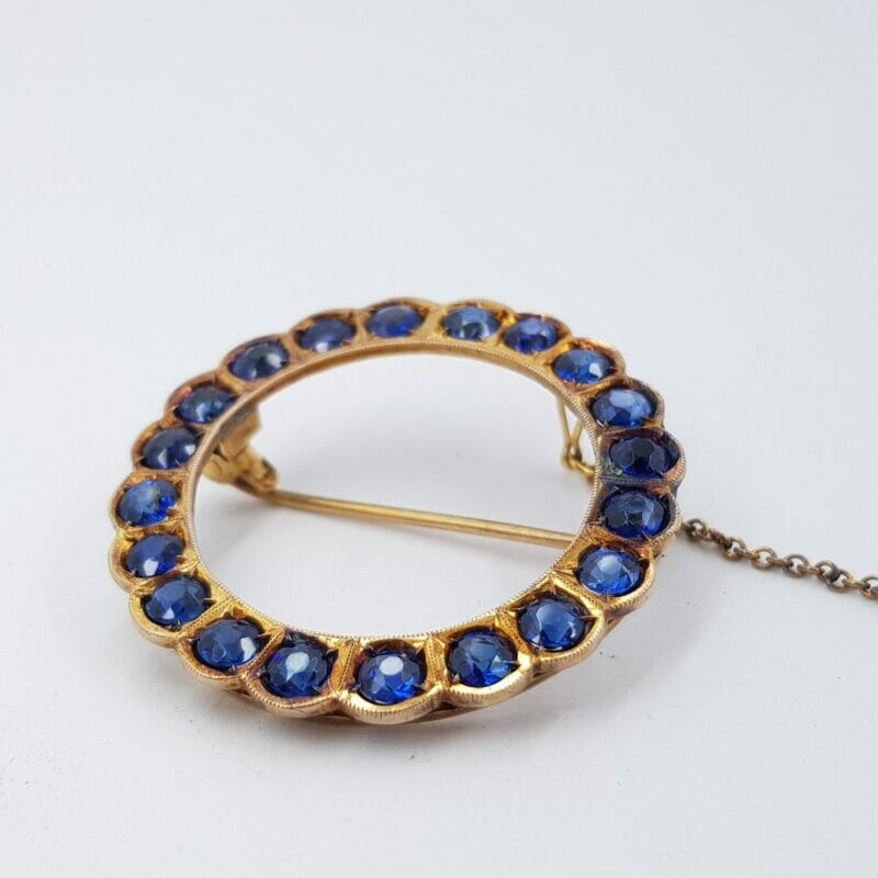 Vintage 9ct Yellow Gold Circular Blue Stone Brooch #G10386