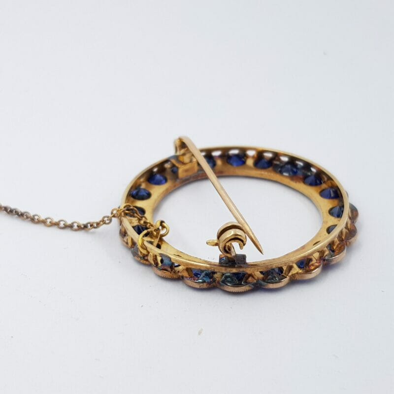 Vintage 9ct Yellow Gold Circular Blue Stone Brooch #G10386