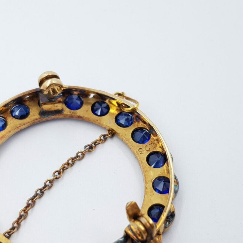 Vintage 9ct Yellow Gold Circular Blue Stone Brooch #G10386