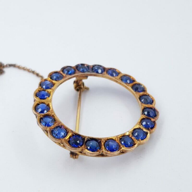 Vintage 9ct Yellow Gold Circular Blue Stone Brooch #G10386