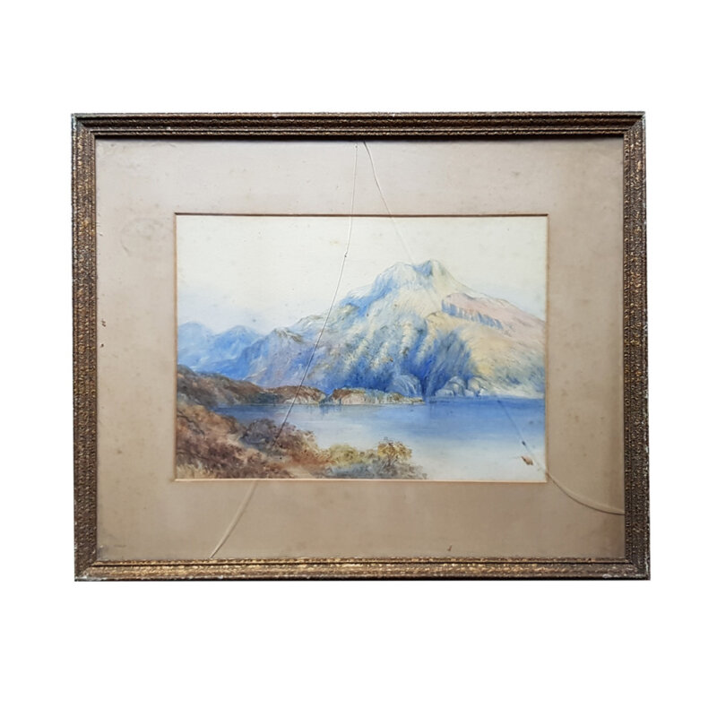 Vintage Watercolour Painting on Paper - Lake & Mountains - Unsigned (A/F) #53893