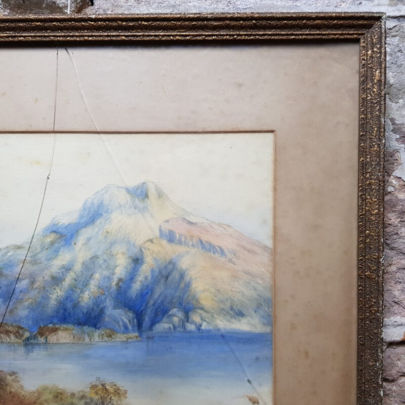 Vintage Watercolour Painting on Paper - Lake & Mountains - Unsigned (A/F) #53893