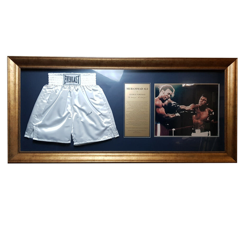 MUHAMMAD ALI AUTOGRAPHED TRUNKS - PHOTO & PLAQUE FRAMED WITH CERT #53086