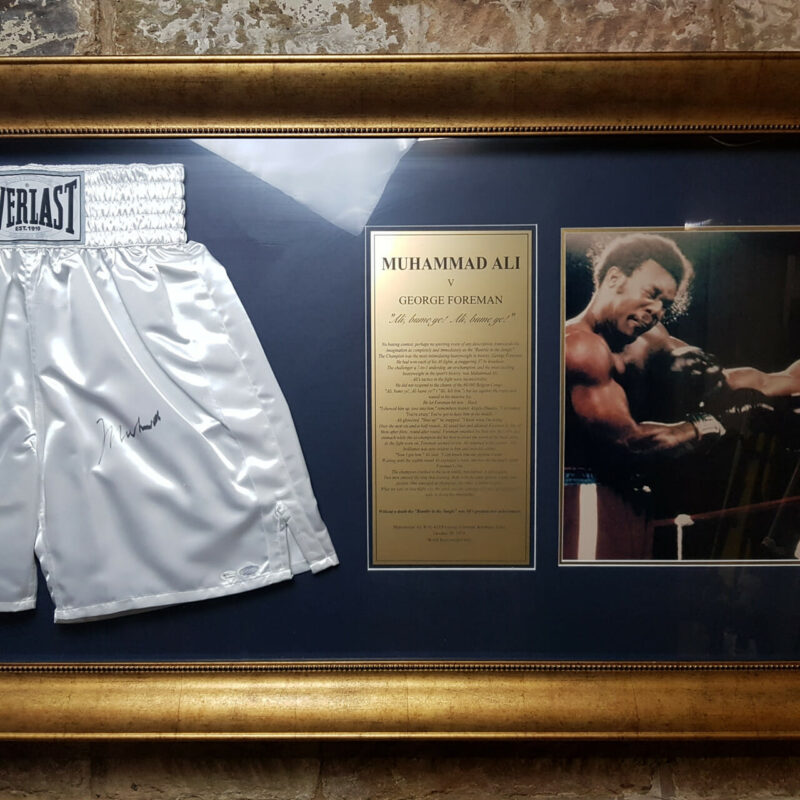 MUHAMMAD ALI AUTOGRAPHED TRUNKS - PHOTO & PLAQUE FRAMED WITH CERT #53086