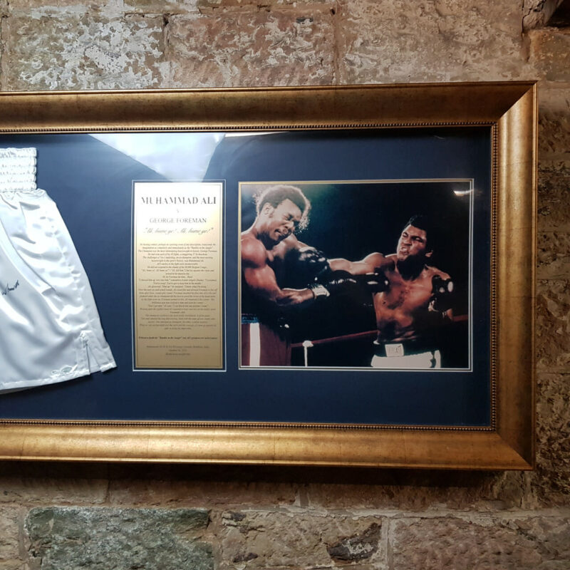 MUHAMMAD ALI AUTOGRAPHED TRUNKS - PHOTO & PLAQUE FRAMED WITH CERT #53086