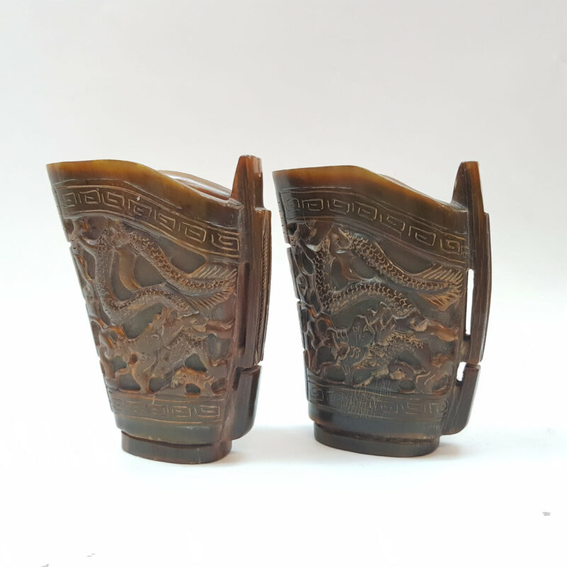 Pair of Carved Buffalo Horn Libation Cups #46868