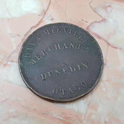 1857 New Zealand Day & Mieville Merchants Dunedin Otago Coin Token #54259