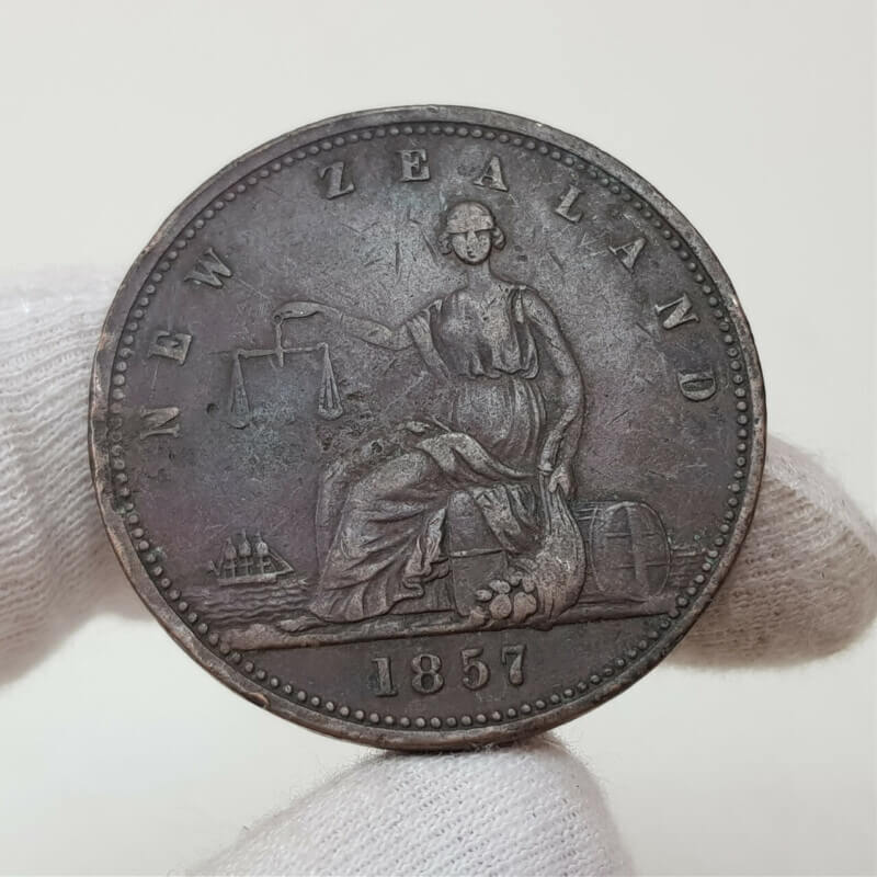 1857 New Zealand Day & Mieville Merchants Dunedin Otago Coin Token #54259