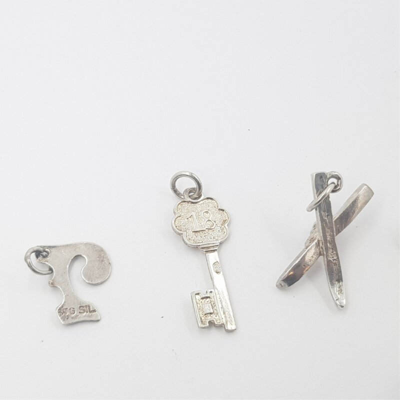 6x Sterling Silver Charms - Key, Ball, Pearl, Butterfly, Ski & Letter #30897