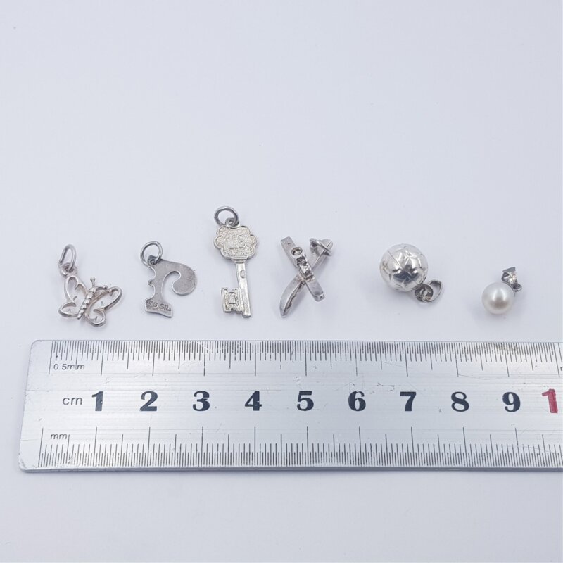 6x Sterling Silver Charms - Key, Ball, Pearl, Butterfly, Ski & Letter #30897