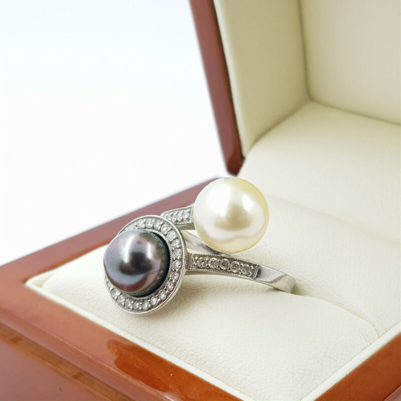 Platinum Black & White South Sea Pearls & Diamond Ring (Val $5,000) Size K#37519