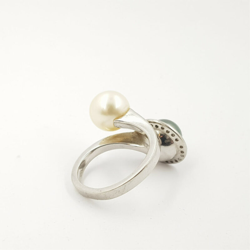 Platinum Black & White South Sea Pearls & Diamond Ring (Val $5,000) Size K#37519