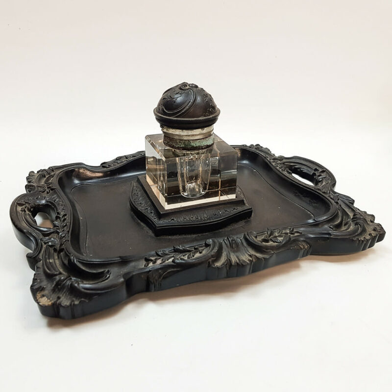 Vintage Ebonised Wood Desk Set with Glass Ink Well #46567