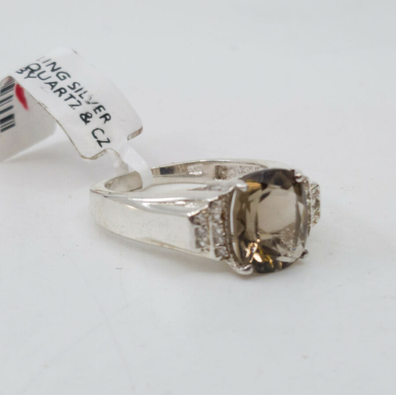 *New* Sterling Silver 925 Smokey Quartz & CZ Ring Size N #54797