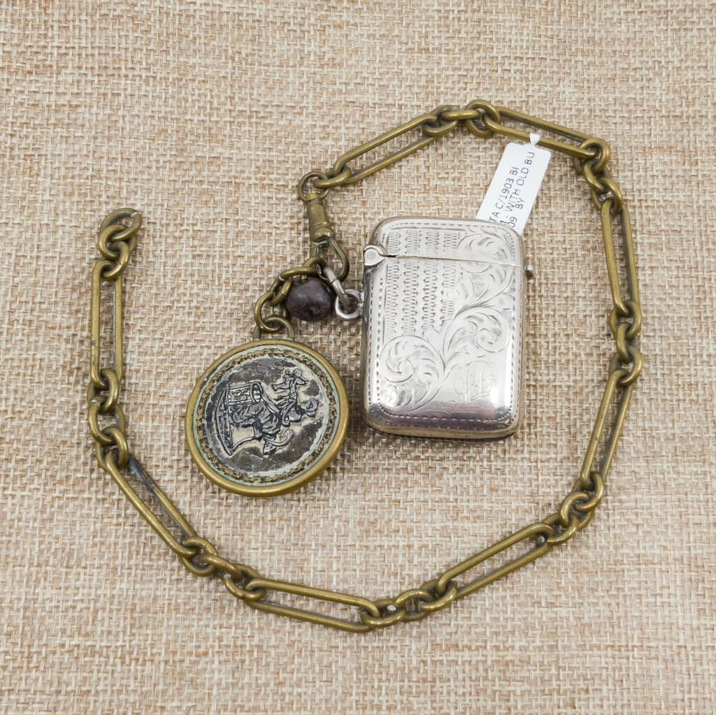 Antique Sterling Silver Vesta Case c/1903 Birmingham with Chain & Button #55847