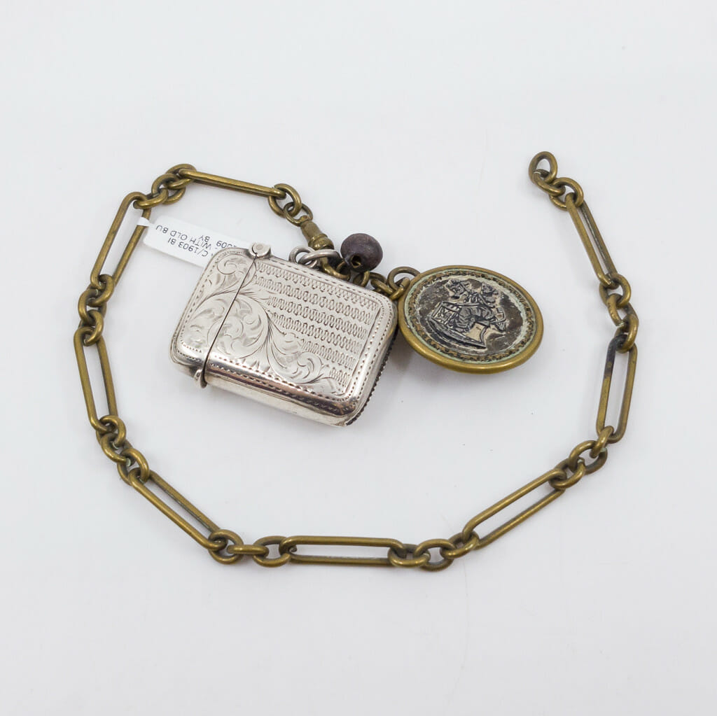 Antique Sterling Silver Vesta Case c/1903 Birmingham with Chain & Button #55847 Sterling Silver Vesta Case c/1903 Birmingham with Chain & Button #55847