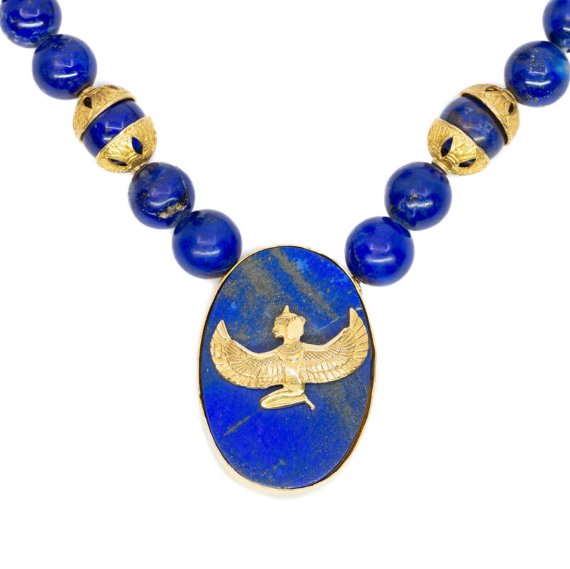 18ct Gold Egyptian Isis Lapis Lazuli Beaded Necklace with Pendant #55672 - Image 2