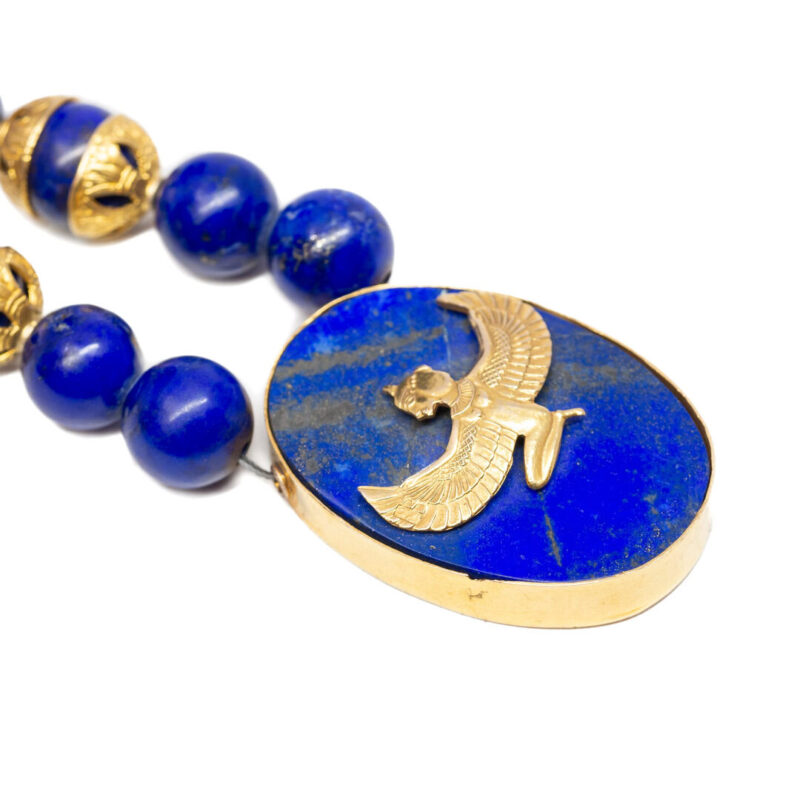 18ct Gold Egyptian Isis Lapis Lazuli Beaded Necklace with Pendant #55672 - Image 5