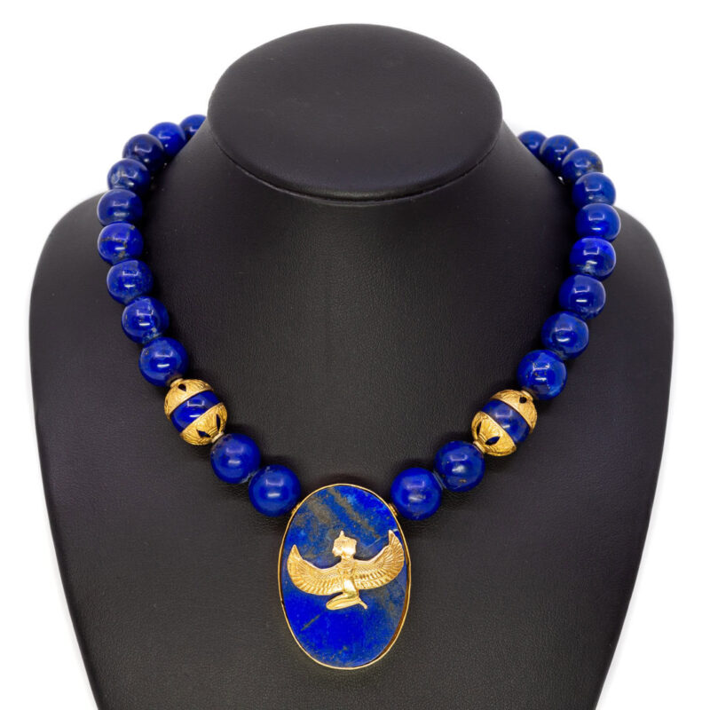 18ct Gold Egyptian Isis Lapis Lazuli Beaded Necklace with Pendant #55672