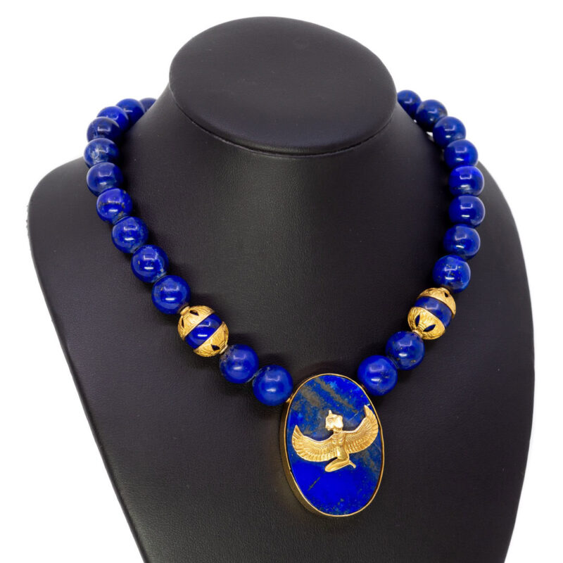 18ct Gold Egyptian Isis Lapis Lazuli Beaded Necklace with Pendant #55672 - Image 7