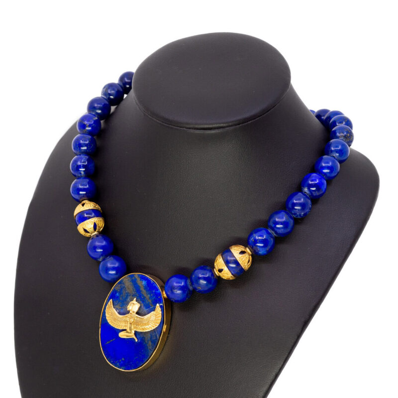 18ct Gold Egyptian Isis Lapis Lazuli Beaded Necklace with Pendant #55672 - Image 8