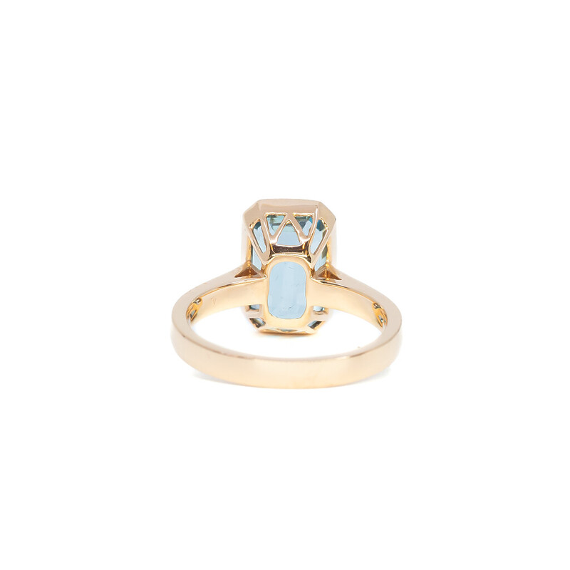 *New* 18ct Rose Gold 4.9ct Emerald Cut Aquamarine Rub Over Ring Val $8800 Size N #52179