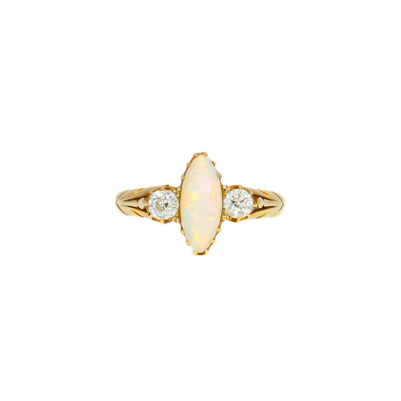 18 Ct Antique Yellow Gold Opal & Old Cut Diamond Ring Size M 1/2 #51838
