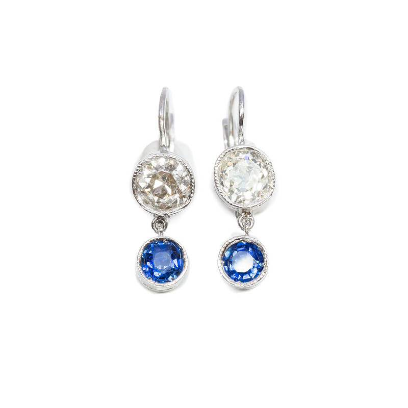 Antique 14ct White Gold 1.5ct Diamond & 0.74ct Sapphire Earrings Val $12700 #54323
