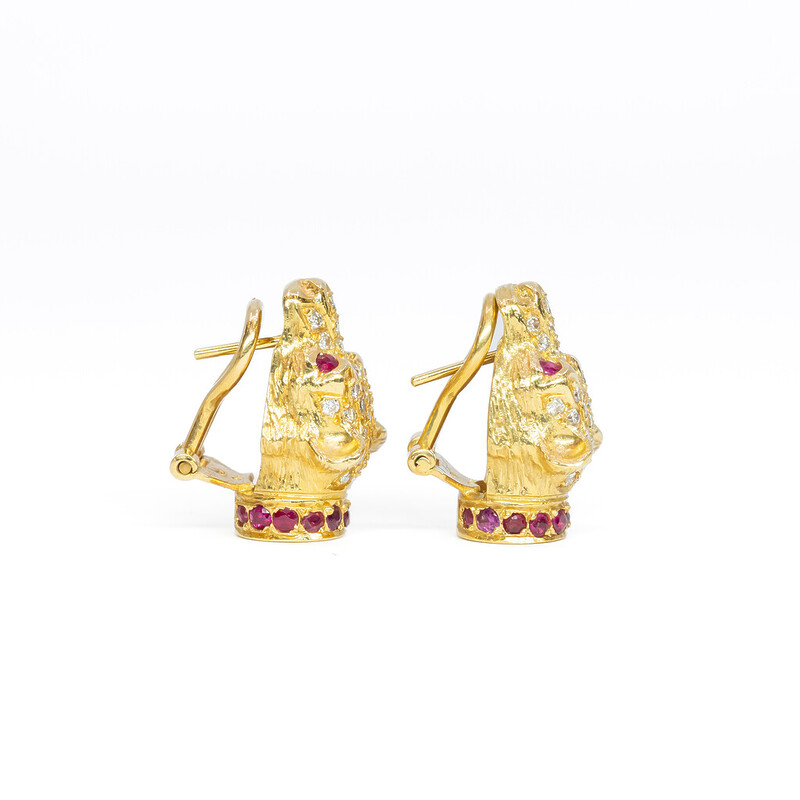 18ct Yellow Gold Panther Head 0.81ct TW Diamond Ruby Earrings Val $8450 #55415