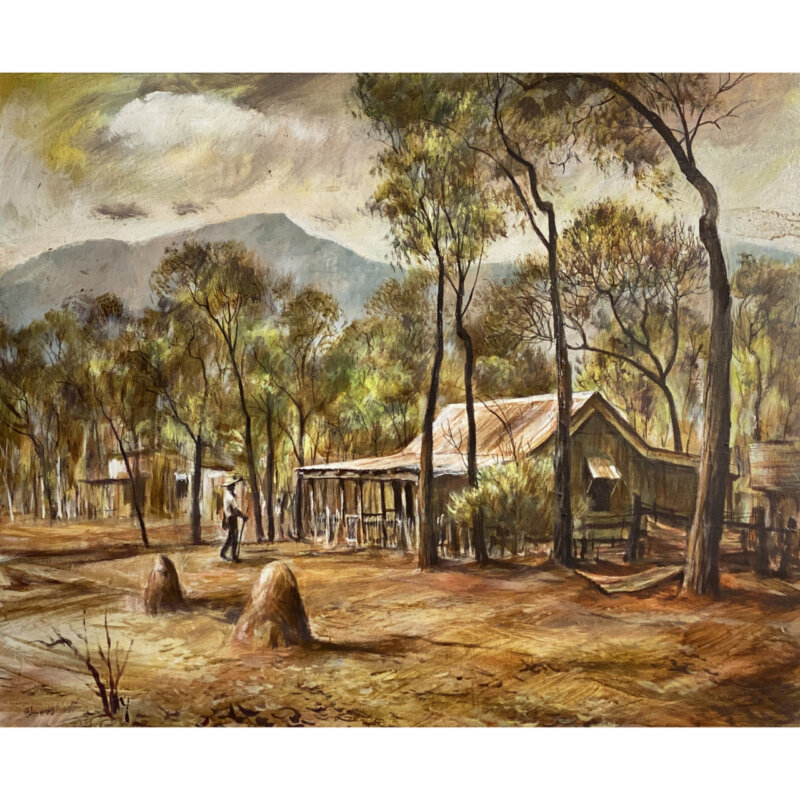 Edwards Painting - Bush Cottage & Stockman - Oil on Board #52045