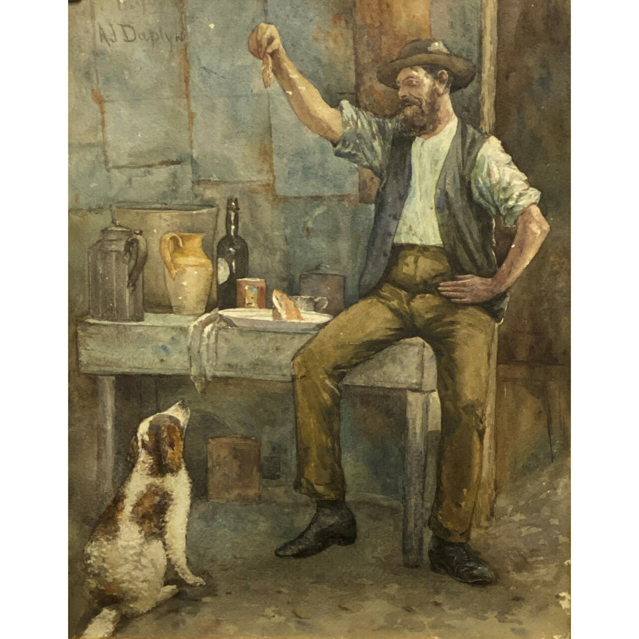 ALFRED JAMES DAPLYN (1844-1926) PAINTING - MAN & DOG - WATERCOLOUR C/1896 #9390