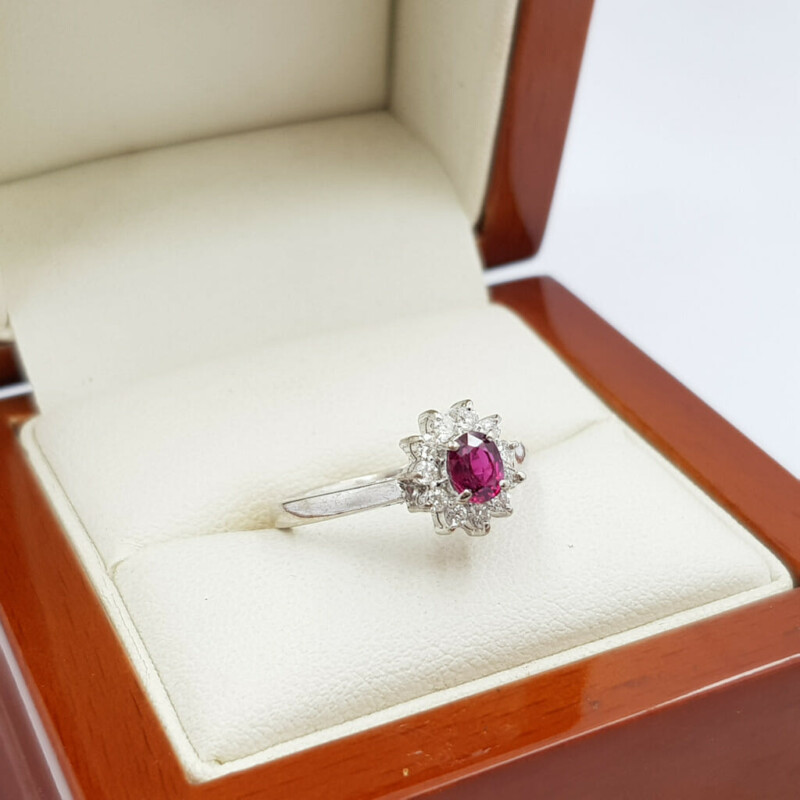 14ct White Gold Ruby & Diamond Flower Halo Ring Val $3100 Size L #56486