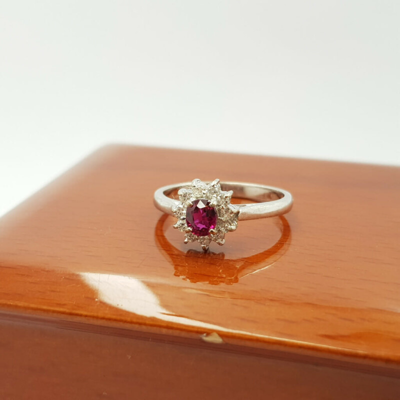 14ct White Gold Ruby & Diamond Flower Halo Ring Val $3100 Size L #56486