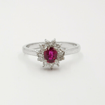 14ct White Gold Ruby & Diamond Flower Halo Ring Val $3100 Size L 1/4