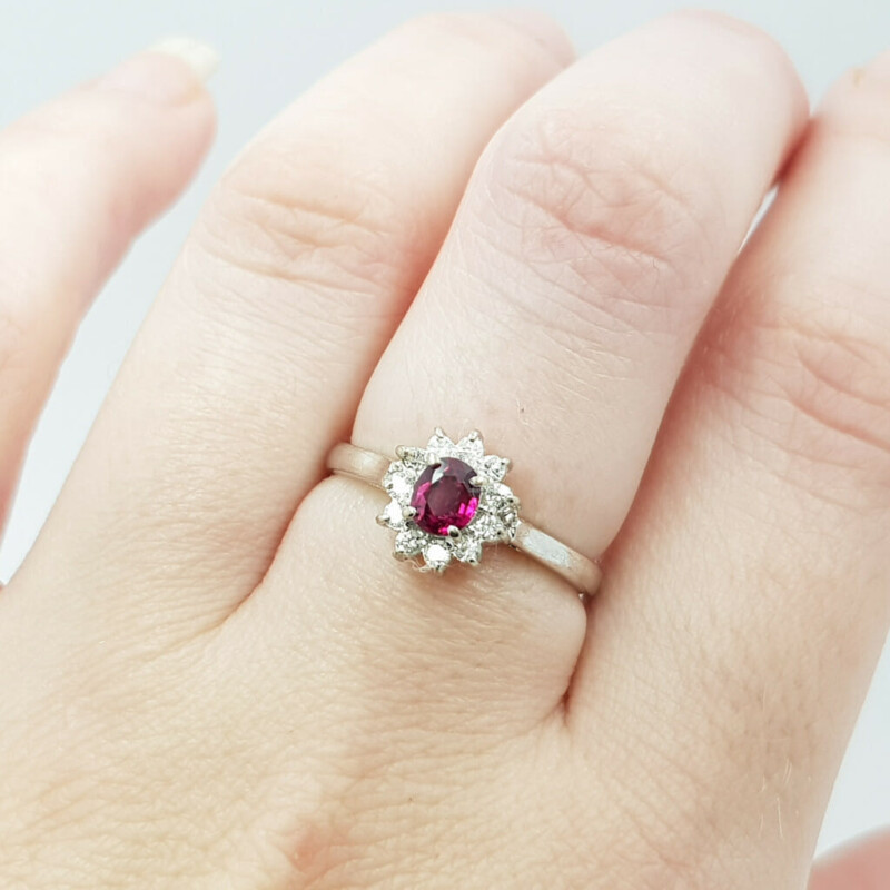 14ct White Gold Ruby & Diamond Flower Halo Ring Val $3100 Size L 1/4