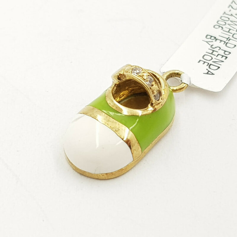 9ct Yellow Gold Shoe Pendant Green & White Enamel 375 #58000