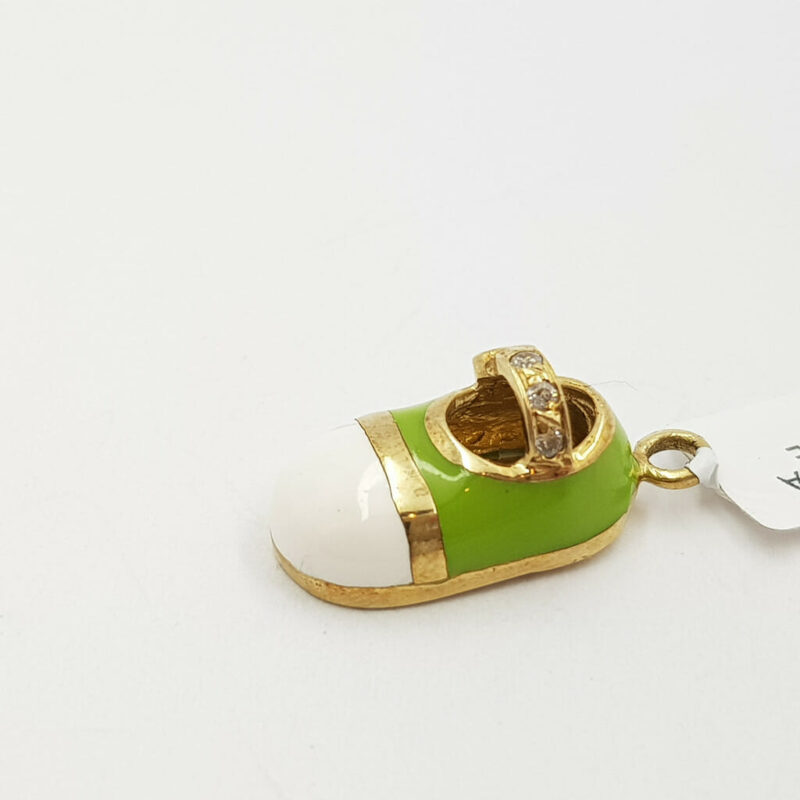 9ct Yellow Gold Shoe Pendant Green & White Enamel 375 #58000