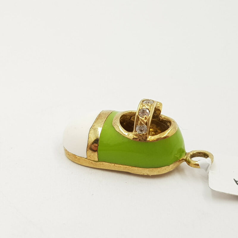 9ct Yellow Gold Shoe Pendant Green & White Enamel 375 #58000