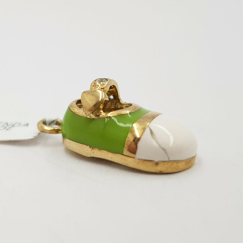 9ct Yellow Gold Shoe Pendant Green & White Enamel 375 #58000