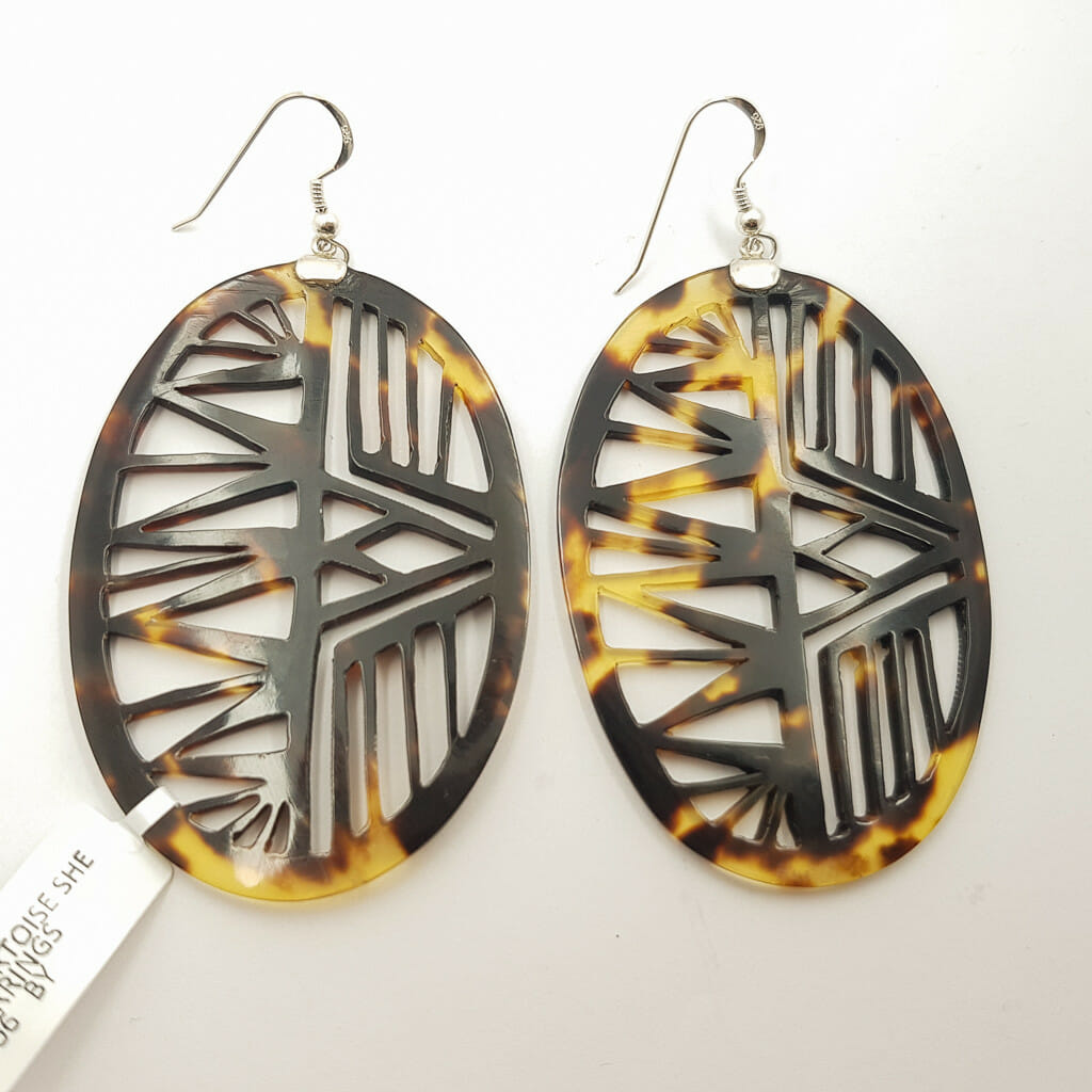 Antique Tortoise Shell Sterling Silver Oval Drop Earrings 925 #58017