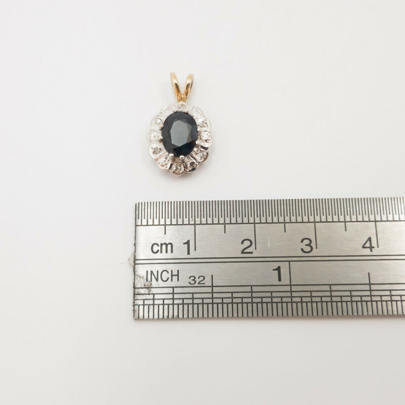 9ct 2-Tone Gold Natural Sapphire & Diamond Halo Pendant 375 #56495