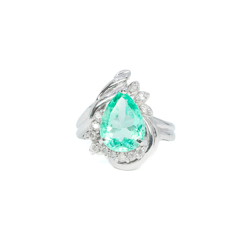 Platinum 3.11ct Pear Cut Emerald & Diamond Ring Size M Val $12750 #59426