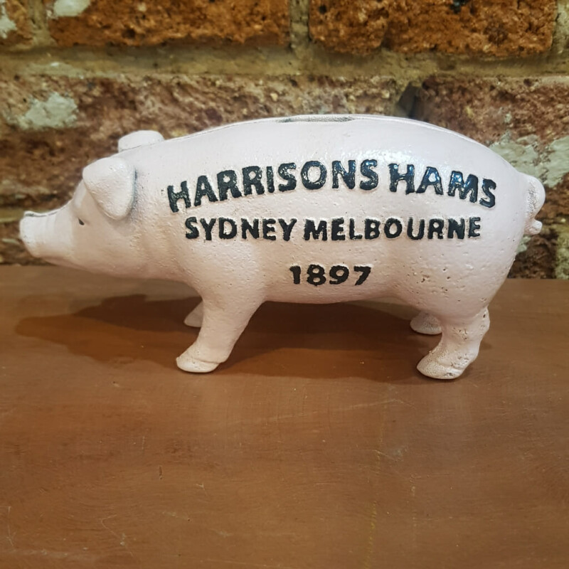 Harrisons Hams Sydney Melbourne 1897 Cast Iron Money Bank / Piggy Bank Pink #59623