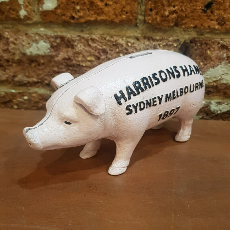 Harrisons Hams Sydney Melbourne 1897 Cast Iron Money Bank / Piggy Bank Pink #59623