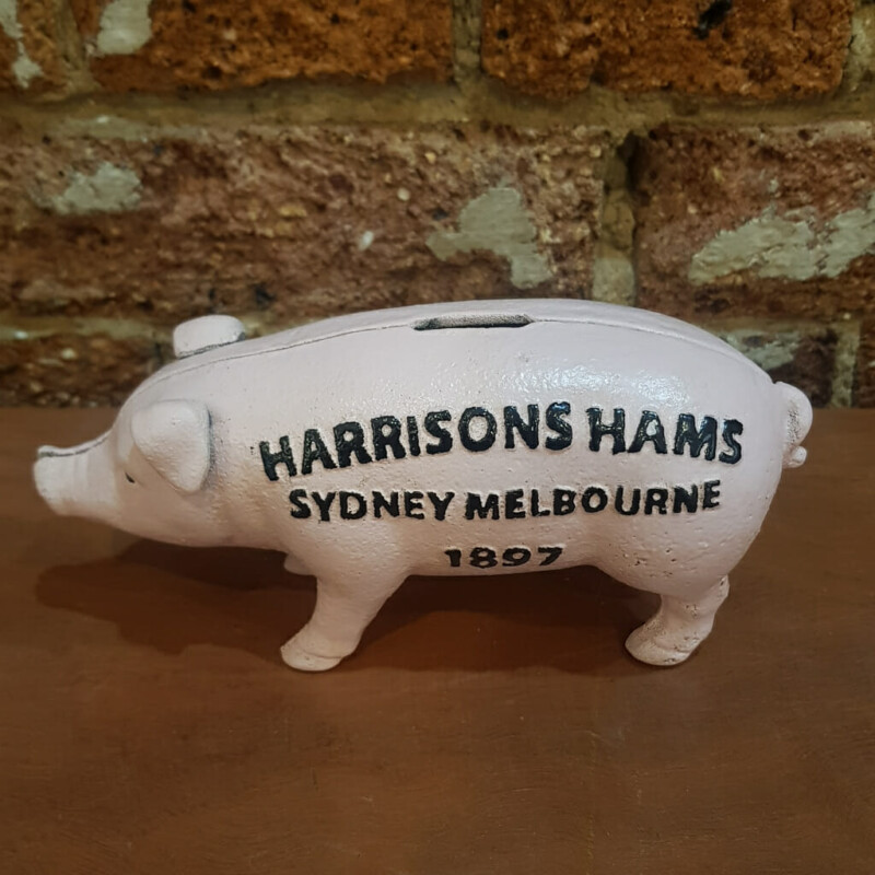 Harrisons Hams Sydney Melbourne 1897 Cast Iron Money Bank / Piggy Bank Pink #59623