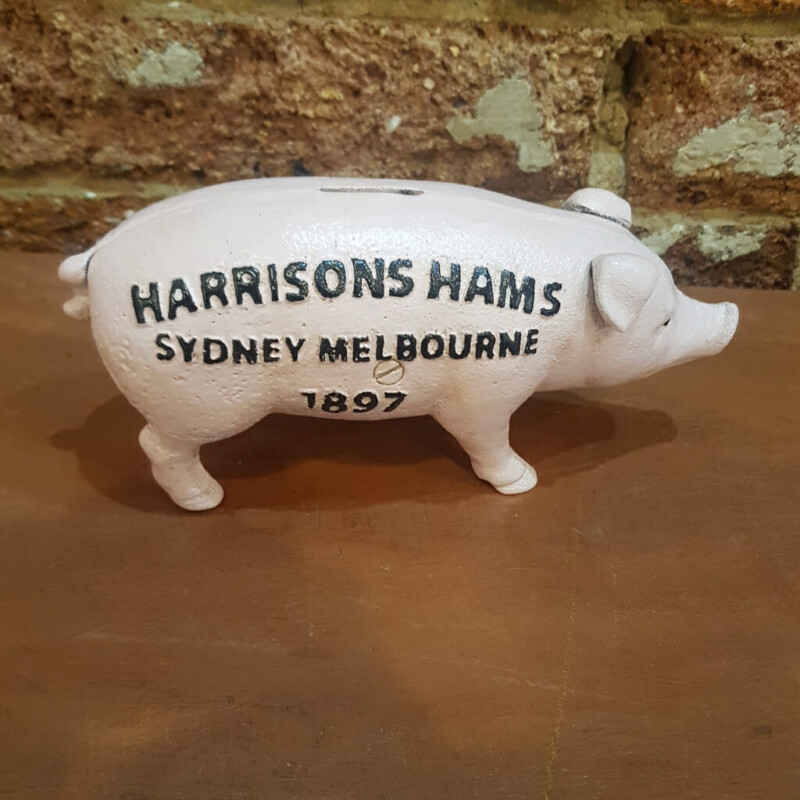 Harrisons Hams Sydney Melbourne 1897 Cast Iron Money Bank / Piggy Bank Pink #59623