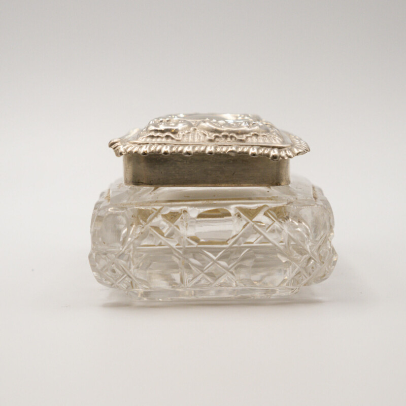 Antique Trinket Box Crystal & Sterling Silver Lid Birmingham 1903 #60197