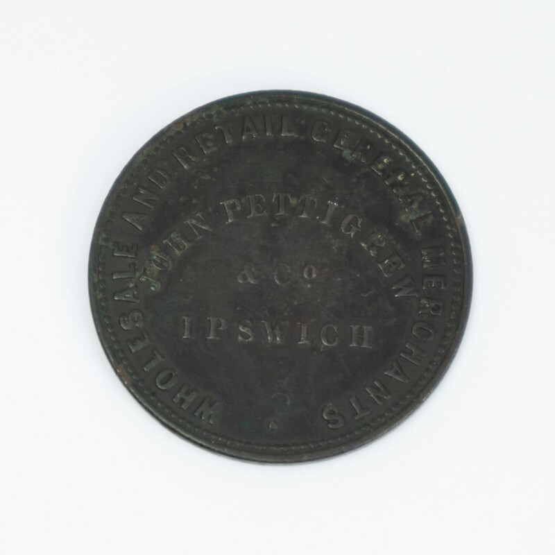 1 Penny Token John Pettigrew & Co General Merchants Ipswich Qld Australia 1865 #58439